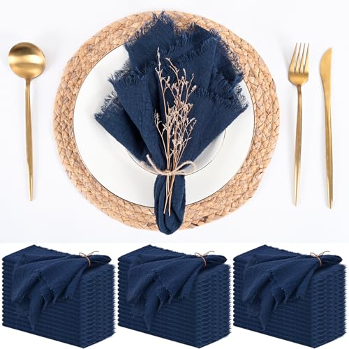 50 Pack Navy Blue Cloth Napkins, 16 x 16 Inch Cotton with Fringe Settings