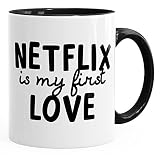 MoonWorks Tasse mit Spruch Netflix is my first love Serienjunkie chillen gammeln Kaffeetasse Teetasse Keramiktasse schwarz unisize