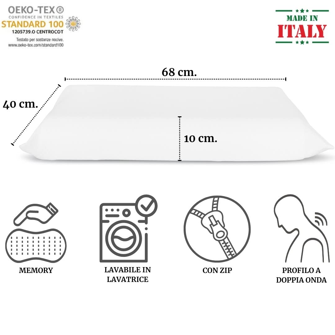 Cuscino Memory Lavabile Cervicale DOPPIA ONDA, 100% Viscolattice Memory, con federa in tessuto con cerniera, Bianco