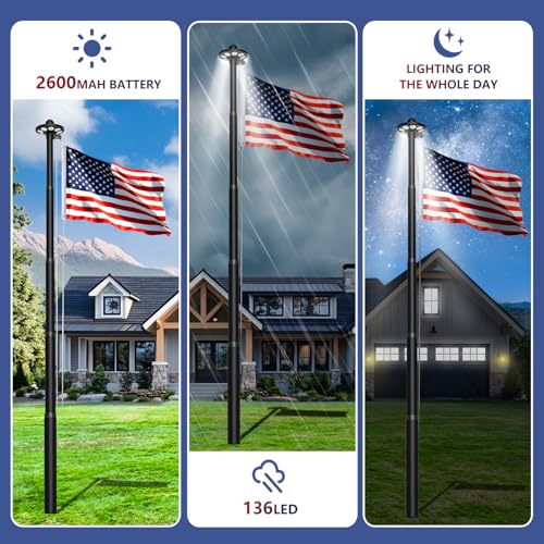 image for Bknius 10 Gauge Flag Pole Kit with Light Solar Powered, 120 MPH Heavy 
