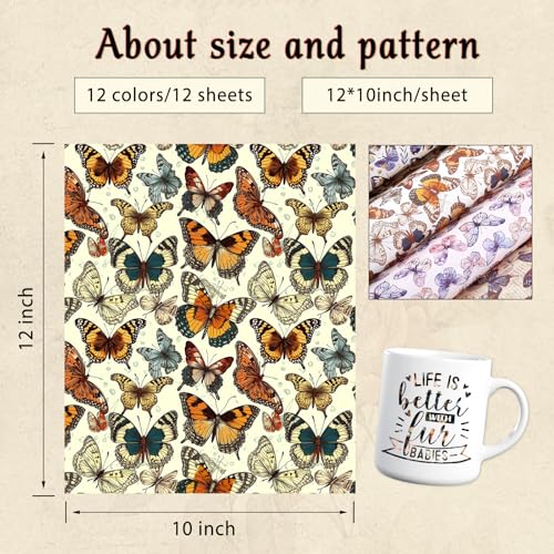 Tintnut Papel de transferência de sublimação padrão borboleta - 12 folhas 30,5 x 25,4 cm, folhas de