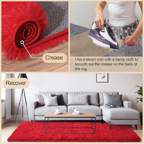 Red Rugs for Bedroom, 3x5 Fluffy Area Rugs for Living Room, Soft Shag Kids Rug Small Carpet with 4 Non-Slip Rug Pads (Red, 3ft x 5ft)