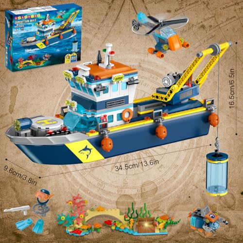HOGOKIDS City Schwimmfähiges Boot Baukasten mit LED Licht - Spaß Arctic Explorer Schiffs Baustein Ozean Exploration mit Hubschrauber U-Boot Geburtstags Geschenk für 6+ Jahre alte Jungen Mädchen Kinder