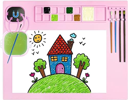 Silicone Painting Mat, Silicone Art Mat with Cup, Silicone Craft Mat with Paint Brush Cleaner Tool, Silicone Artist Mat for Kids Gift Painting Clay DIY Creations (Pink)