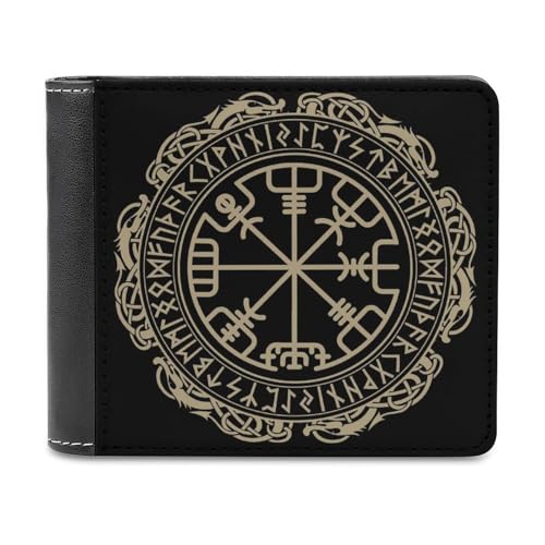 Black Celtic Viking Design Magical Runic Compass Vegvisir in The Circle of Norse Runes And Dragons Tattoo Decorative Fashionable Single-sided Leather Wallet And Portable Wallet
