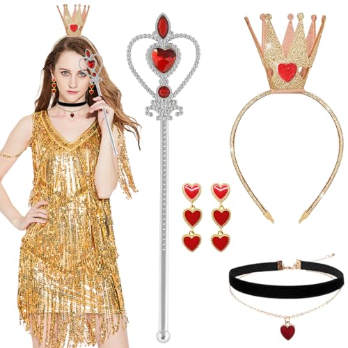 Fzyisw Accesorios para disfraz de reina, juego de accesorios de princesa, corazón rojo, disfraz de reina con corona, collar, pendientes, varita mágica para mujeres, niñas, Halloween, Navidad