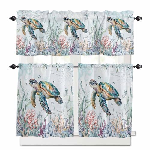 Sea Turtle Coastal Kitchen Curtains 36 Inch Length, 3 Piece Rod Pocket Small Half Tiers and Valance Set, Summer Beach Coral Ocean Seaweed Small Large Window Treatment Decor for Bedroom/Bathroom Sink