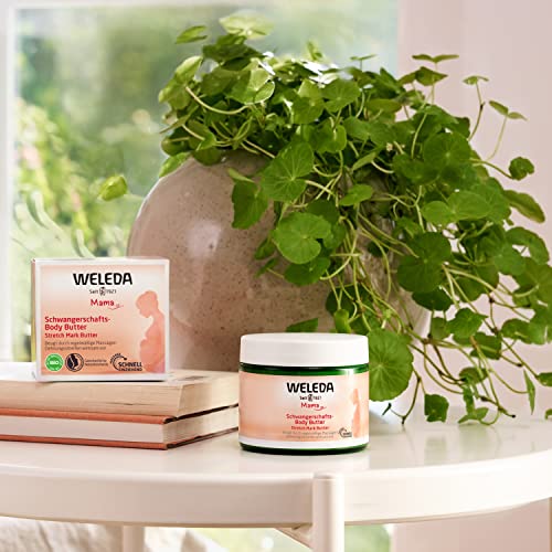 WELEDA Bio Mama Schwangerschaft Body Butter – Naturkosmetik Babybauch Massage Körperbutter zur Dehnungsstreifen Vorbeugung, Hautpflege Narbensalbe mit Sheabutter & Kakaobutter (vegan, 150ml)