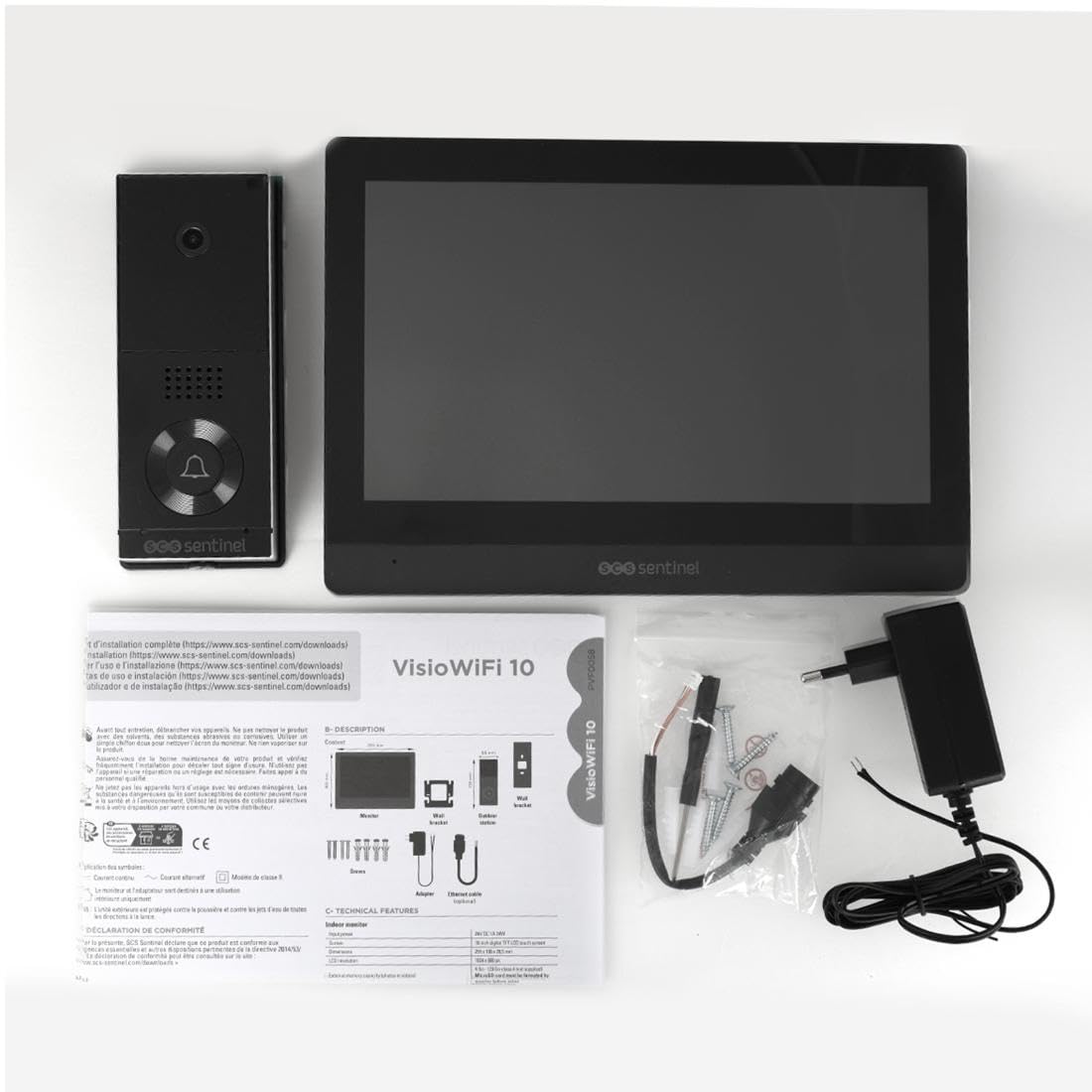 SCS Sentinel VisioWiFi 10 – Videocitofono cablato - 2 fili, touchscreen da 10" – Videocitofono Wi-Fi connesso – App per dispositivi mobili – Portata 100 m – Videosorveglianza domestica IP65 - PVF0058