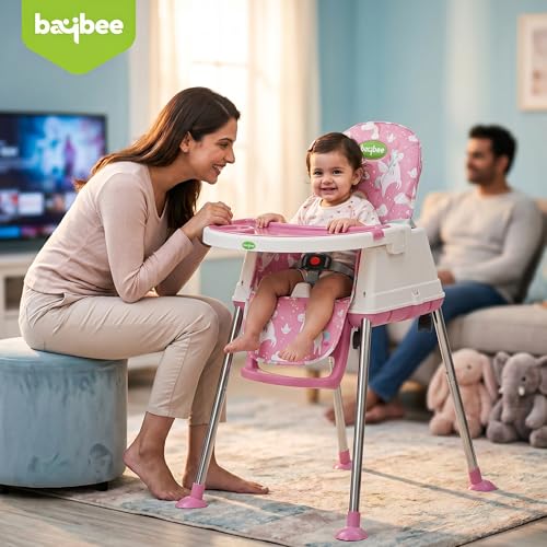 Image of Baybee 4 in 1 Convertible High Chair for Kids | Foldable Baby Feeding Chair with Safety Harness, Adjustable Tray, Booster Seat | Easy to Clean, Portable Dining Chair (Pink)