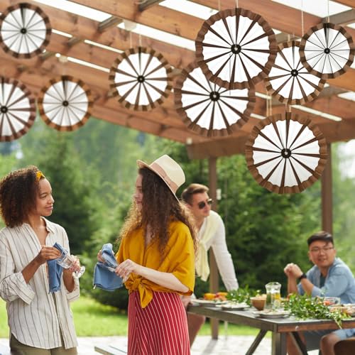 Image of Outus 27 Pcs Western Cowboy Party Decorations Paper Fans Wagon Wheels Straw Hay Bales Hanging Ceiling Wall Decor for Country Western Themed Rodeo Farm Birthday Party Supplies(Wagon Wheels)
