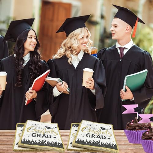 80 Pack Graduation Paper Napkins, White Gold Congrats Grad Graduation Party Disposable Beverage Napkins for School University College Grad Dinner Table Decor - Thumbnail 7