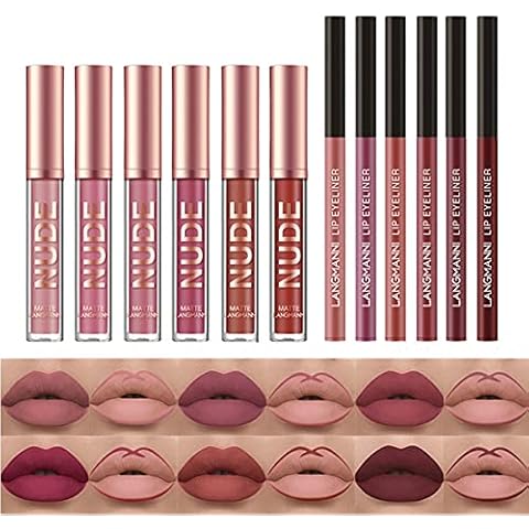 12 pieces lipstick make-up set, 6 pieces velvety, matte, liquid lipsticks + 6 pieces lip liner pencil, waterproof, durable professional lip gloss kit lip make-up gift set Cover