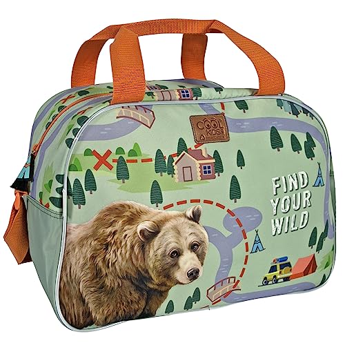 PERLETTI Borsone Palestra Bambino Ecologico con Orso - Borsa da Viaggio Duffel Bag Materiale Riciclato Verde Arancio - Borsa Sport Piscina Weekend Bambini Tracolla Regolabile - 28x41,5x21cm (Orso)
