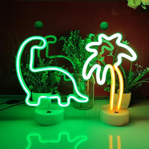 Image of JYWJ Neon Signs with Holder Base,USB or 3-AA Battery Powered Neon Light,LED Desktop Wall Decoration,Various Parties,Decoration of Business Premises (Dinosaur)