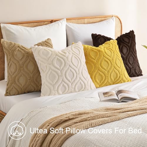decorUhome Throw Pillow Covers 12x20 Inch Set of 2, Soft Plush Decorative Faux Fur Mustard Yellow Solid Couch Pillow Covers, Accent Farmhouse Neutral Lumbar Euro Pillow Cases for Sofa Bed Living Room