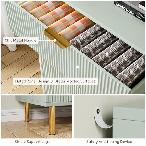 Green Dresser, Modern 5 Drawer Dresser for Bedroom with Gold Handle and Large Drawer, Wood Double Chest of Drawers and Storage Organizer for Living Room, Hallway, Entryway