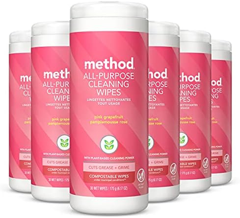 Method All-Purpose Cleaning Wipes, Pink Grapefruit, Multi-Surface, Compostable, 30 Count (Pack of 6)