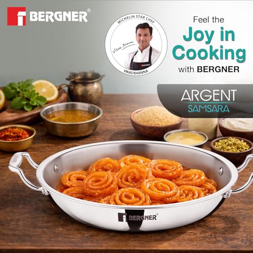 Image of Bergner Argent Samsara Triply Jalebi Pan 32cm (4L), Faster and Even Heat Distribution, Ergonomic Stay Cool Cast Handles, Healthy Cooking, Flared Rim, Easy to Clean - Full Induction and Gas Stove Ready