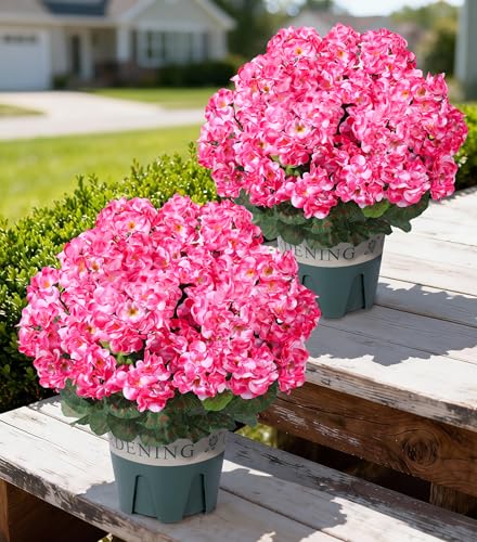 Geraniums Artificial Flowers for Outdoors, 2 Pack Potted Plants Pink Faux Geraniums Bush Artificial Topiaries Realistic UV Resistant Fake Flowers Plants for Planters Outside Gardens Front Door Indoor