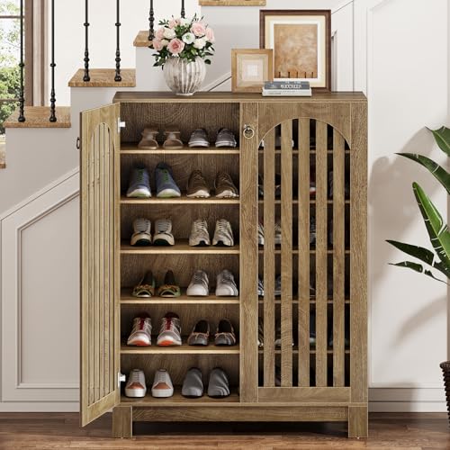 Image of Tribesigns Shoe Cabinet with Shutter Doors, 6-Tier Shoe Storage Cabinet, Entryway Shoe Rack Organizer with Adjustable Shelves for Living Room, Hallway, Natural Wood