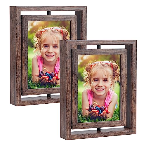 EXYGLO 2 Pack 5x7 Picture Frames Rotating Floating Photo Frame Wooden 2 Sided Frames for Vertical or Horizontal Tabletop Display by EXYGLO - Used condition - CA$11.66