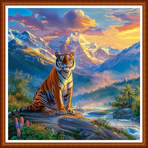 Image of Joyhoor Stamped Cross Stitch Kits for Beginners Needlepoint Kits for Adults Embroidery Kits 11CT Counted Cross Stitch Kits Printed Embroidery Pattern-Mountain Tiger 18x18 inchs
