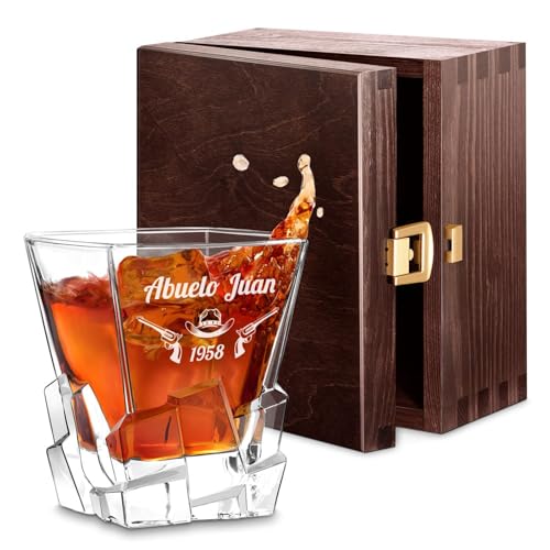 Maverton Vaso de Whisky Personalizado 250ml - Vaso De Cristal Regalos Originales Para Hombre - Nombre Grabado Día del Padre Cumpleaños Regalos - Diseño de Cubo de Hielo - Brazos