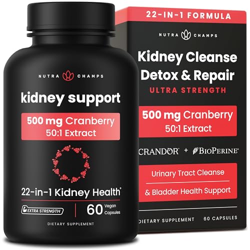 Kidney Cleanse Detox | 22-in-1 Kidney Support Supplement | Cranberry Pills Extract | Extra Strength Repair & Flush Premium Formula | Urinary Tract Health for Women & Men | 60 Vegan Capsules