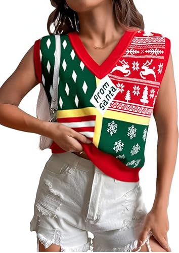 Image of JULYCLO Christmas Sweater Vest Women Ugly Xmas Reindeer Knit Sweaters Casual Santa Snowflake V Neck Sleeveless Outwear Tops