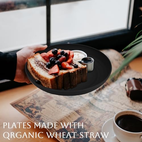 Image of Homienly Dinner Plates Set of 8 Alternative for Plastic Plates Microwave and Dishwasher Safe Wheat Straw Plates for Kitchen Unbreakable Plate Set (Black, 10 inch)