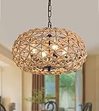 AMZASA Boho Chandelier,Rustic Rattan Basket Woven Hemp Rope Pendant Light Coastal Light Fixture 4 Lights Farmhouse Wicker Hanging Lighting for Dining Table Kitchen Island Bedroom UL Listed