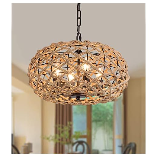 AMZASA Boho Chandelier,Rustic Rattan Basket Woven Hemp Rope Pendant Light Coastal Light Fixture 4 Lights Farmhouse Wicker Hanging Lighting for Dining Table Kitchen Island Bedroom UL Listed