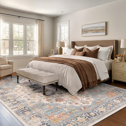 Rugland 6x9 Area Rugs - Stain Resistant Washable Rug, Anti Slip Rugs for Living Room, Vintage Tribal Area Rugs(TPR11-Blue, 6'x9')