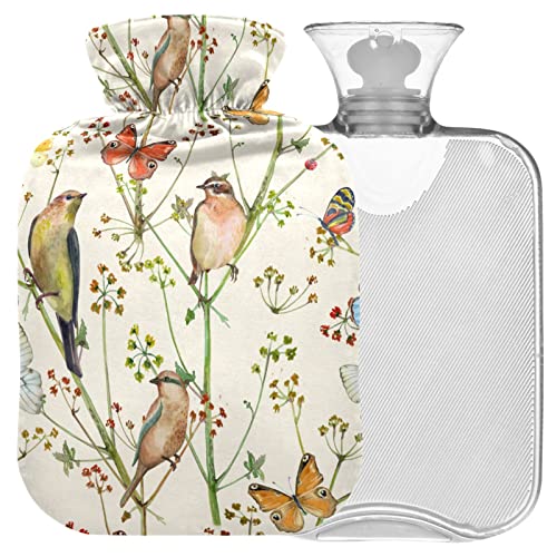 Naanle Hot Water Bottle with Cover Butterfly Birds Transparent Warm Water Bottle Hot Water Bag for Bed Hand Feet Warmer Pain Relief Hot and Cold Therapy Capacity 2L Large