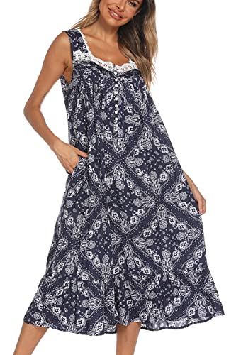 Image of AVIIER Cotton Nightgowns for Women Sleeveless House Dress Ladies Long Nightdress with Pockets S-XXL