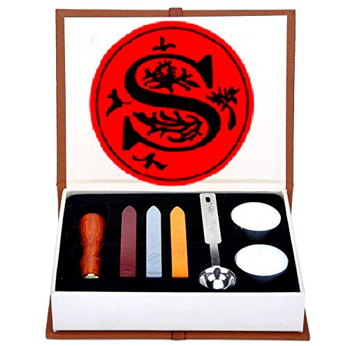 ANBOSE Letter S Wax Seal Stamp Set, Alphabet S Letters Sealing Kit, Wooden Handle Copper Seal, 3 Wax Sticks, Melting Spoon
