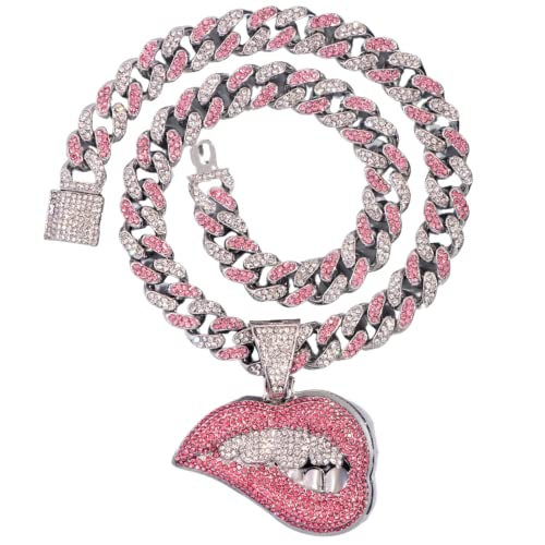 Iced Out Chain for Women Men, Cuban Link Chain, Hip Hop Pink Bite Lip Shape Pendant Necklace for Women with Bling Iced Out Silver Color Cuban Link Chain HipHop Necklace Jewelry