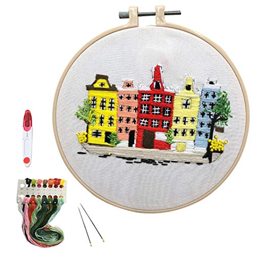 Stickerei-Starter-Set mit Muster, Kreuzstich Set, komplette Auswahl an geprägten Sticksets mit Stickkleidung mit Pflanzenmuster, Bambus-Stickrahmen, Farbfäden und Werkzeug-Set Cover