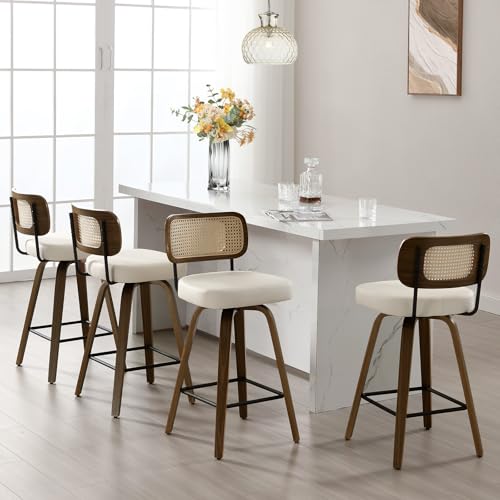 Bekrvio Swivel Counter Height Bar Stools Set of 4, Upholstered Faux Leather Barstools with Rattan Back, 26" Seat Height Bar Chairs for Kitchen Island, Bentwood Wood Frame, Cream White