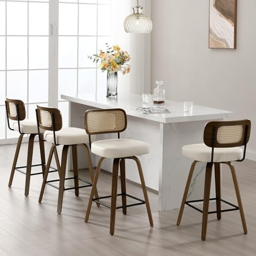 Bekrvio Swivel Counter Height Bar Stools Set of 4, Upholstered Faux Leather Barstools with...
