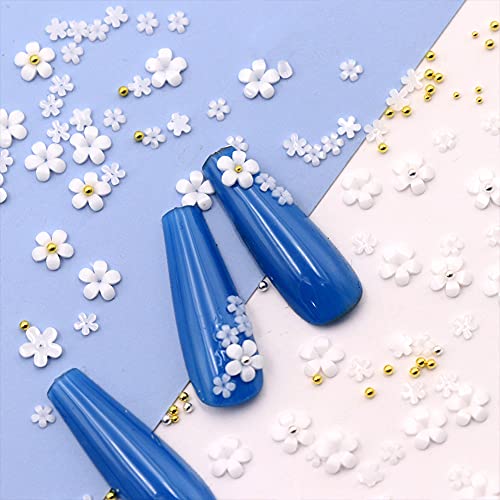 3D Flower Caviar Beads Nail Art Decals Charms for Nails, White Pink 3D Acrylic Flower Nail Charms with Pearl Golden Caviar Beads for Women DIY Manicures Salon Accessories
