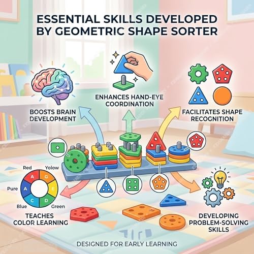 Image of Kids Mandi Geometric Shape Sorter - Montessori Learning Toy for Toddlers - Color Recognition & Stacking Blocks for Fine Motor Skills - Educational STEM Toy for 1, 2, and 3 Year Old Boys & Girls