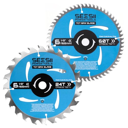 Seesii 6-1/2' Circular Saw Blades, 24T & 60T 2-Pack Combo, 5/8' Arbor, Carbide Tipped Teeth, Thin Kerf, Heavy Duty TCT Saw Blades for Wood Plywood MDF OSB Plastic Cutting, Fine & Ultra Finish