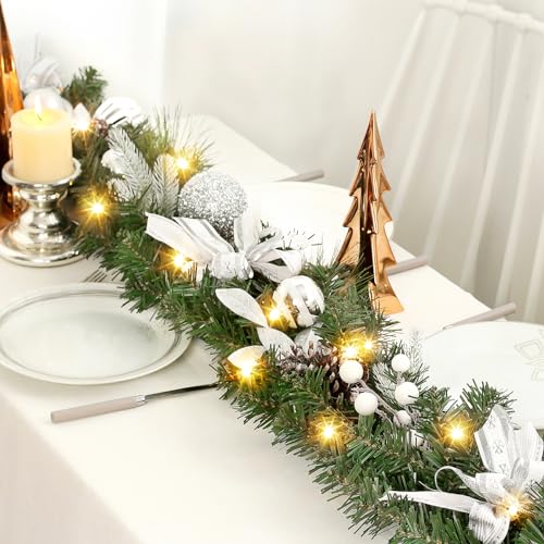 Silver 6 Ft Prelit Christmas Garland with Battery Operated Lights, Waterproof, Suitable for Mantle, Door, Stairs Railing & Table