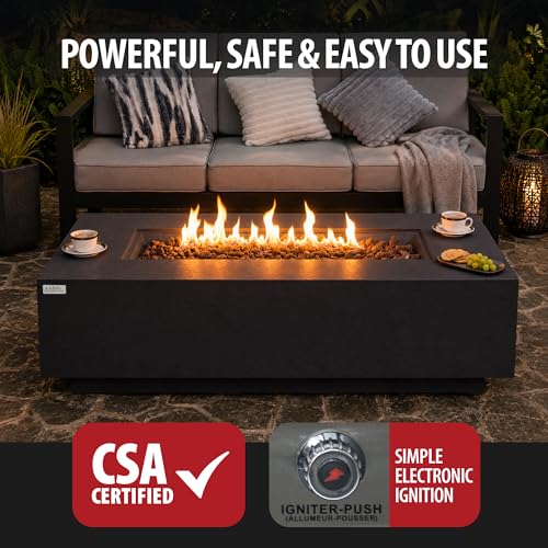 Image of AMS Creations | Madison 60 inch Bundle Rectangular Propane Gas Outdoor Fire Pit Table | Dark Gray Concrete GFRC | Limestone Texture or Surface | Electronic Ignition | Outside Backyard Fireplace
