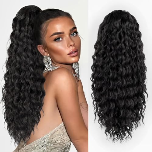 AISI BEAUTY 24 Inch Ponytail Extension for Black Women Drawstring Ponytail Natural Black Long Curly Wavy Ponytail Synthetic Clip in Ponytails Hair Extensions for Daily Use(4#)