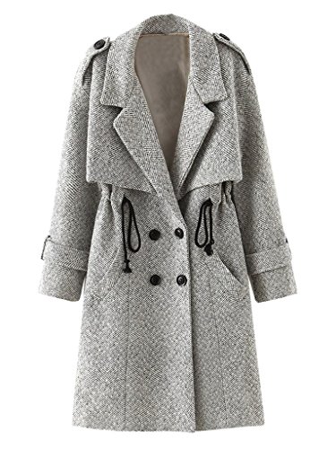 PERSUN Women Gray Lapel Drawstring Woolen Trench Coat,Small