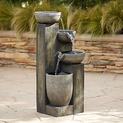 Four Tier Rustic Outdoor Floor Water Fountain 40 1/2" High with LED Light Cascading Bowls for Garden Patio Backyard Deck Home Lawn Porch House Relaxation Exterior Balcony - John Timberland