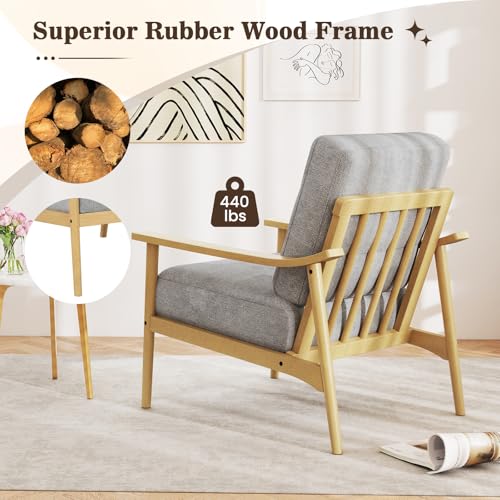 Image of Giantex Mid Century Modern Accent Chair, Max Load 440 LBS Upholstered Living Room Chair with Rubber Wood Armrests & Legs, Removable Back Cushion, Comfy Reading Arm Chair for Living Room, Bedroom
